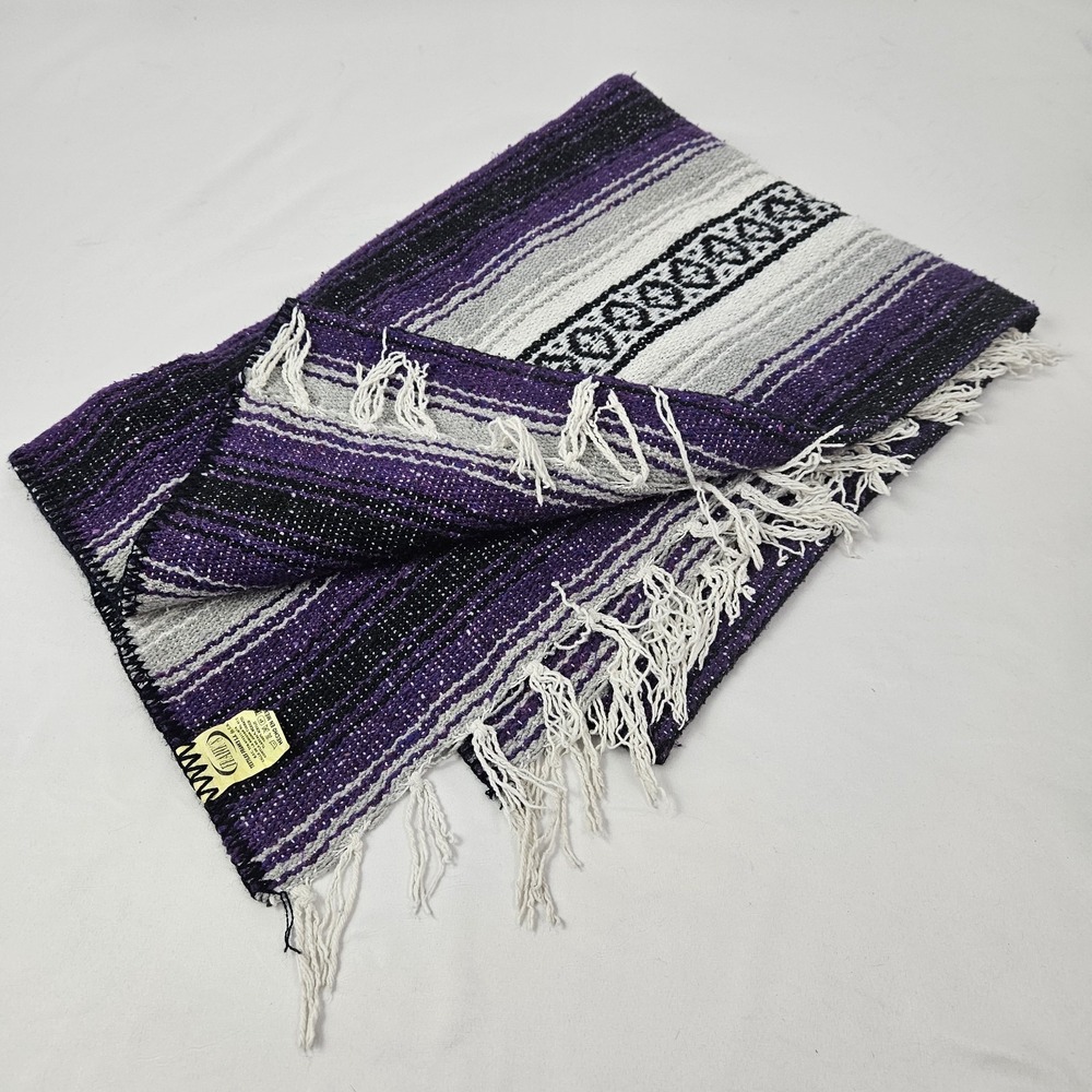 Vtg Mexican Falsa Blanket Throw Frank's Textiles Purple Black White Aztec